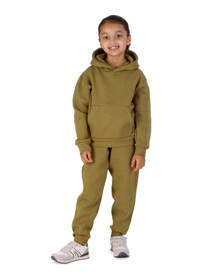 Trendy Toggs Kids Overhead Hoodie Olive Green Tracksuit for wholesale on Faire