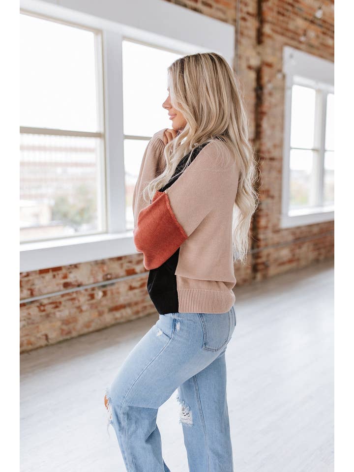 Liam & Company - Wholesale Knit Sweater - Women's - Harlow Colorblock Puff Sleeve Sweater | S-2XL