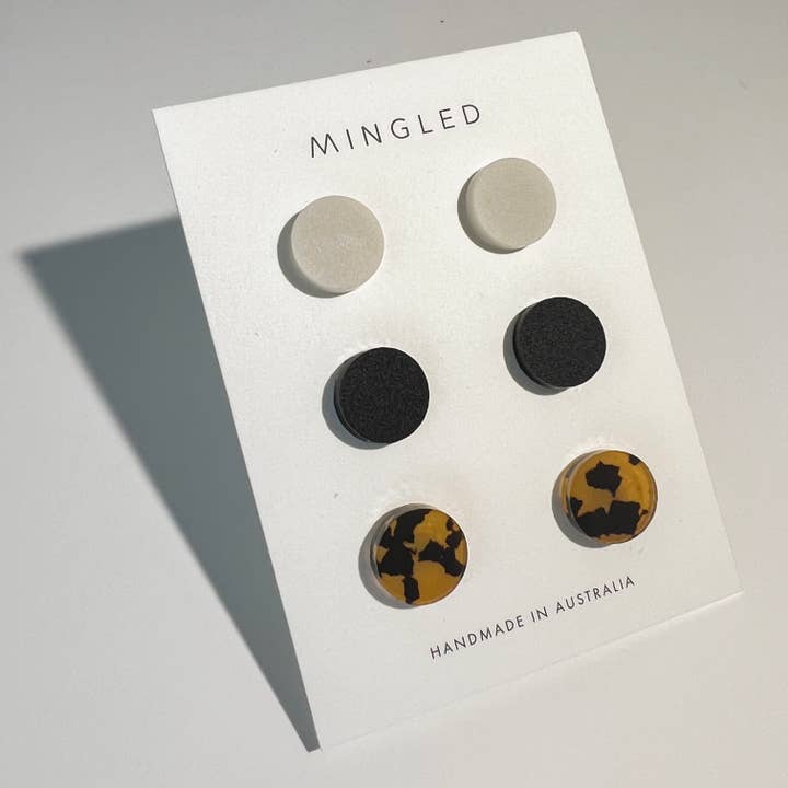 Trio Set of Studs - 15mm round studs - Black, Ivory and Tort for wholesale by Mingled