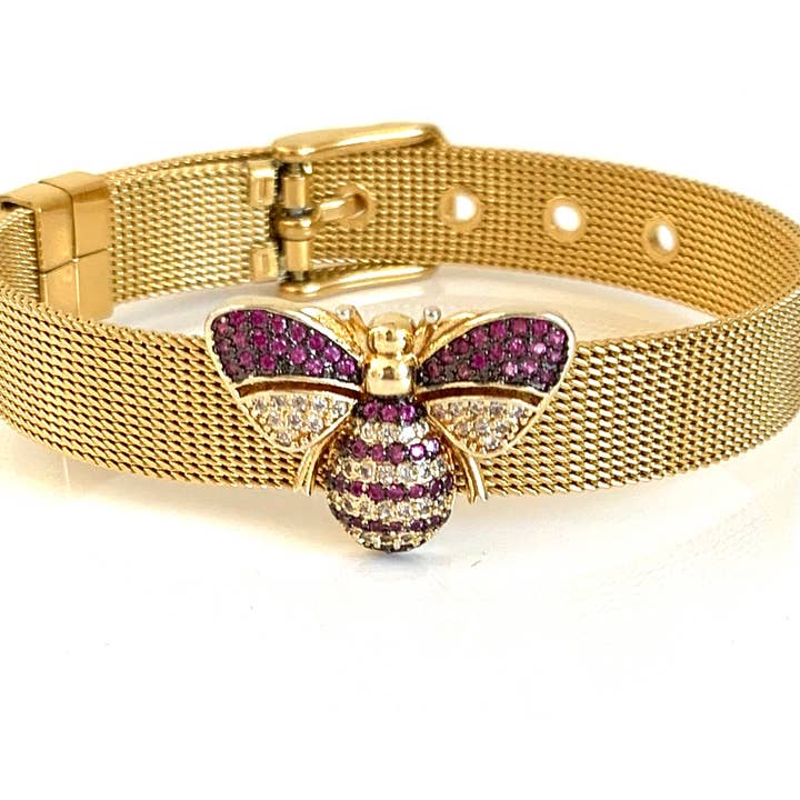 Gold Bee Slider Charm on a Gold Adjustable Bracelet for wholesale by Rebecca Cherry Jewelry Co.