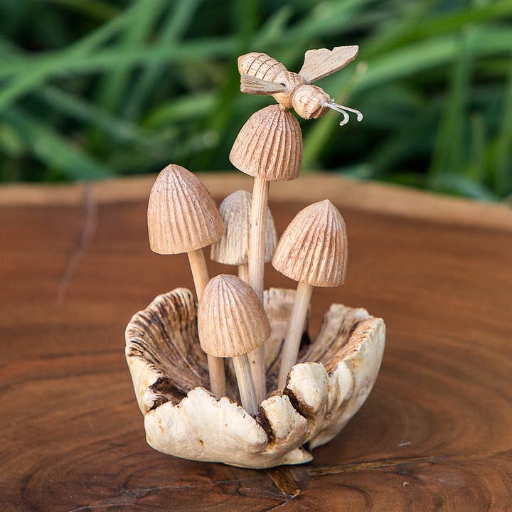 Parasite Wood Hand Carved Figurine - Bee on Mushrooms for wholesale by Garden Age Supply
