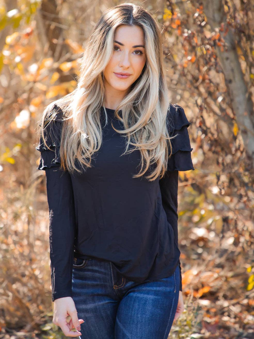 Tickled Teal - Wholesale Blouse - Women's - Aida Ruffle Long Sleeve Top0