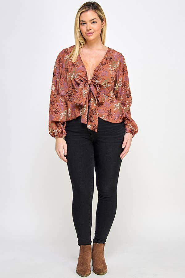 Haute Fox Plus Size & Contemporary - Wholesale Blouse - Dames - Top met strik aan de voorkant en bloemenprint in grote maten JK18498-T6