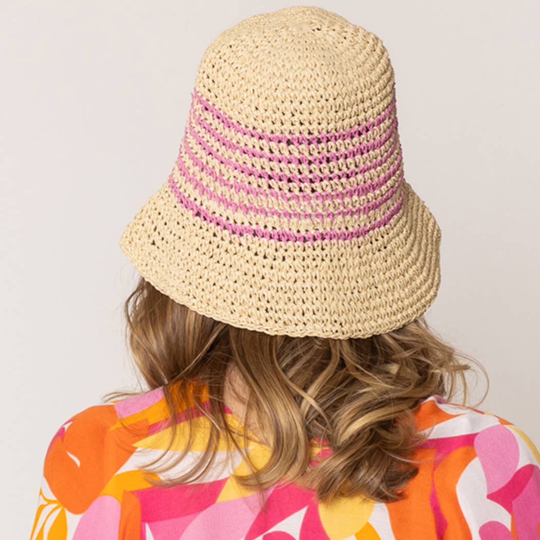 Fashion City - Wholesale Bucket Hat - Women's - Two Tone Stripe Straw Crochet Bucket Hat12