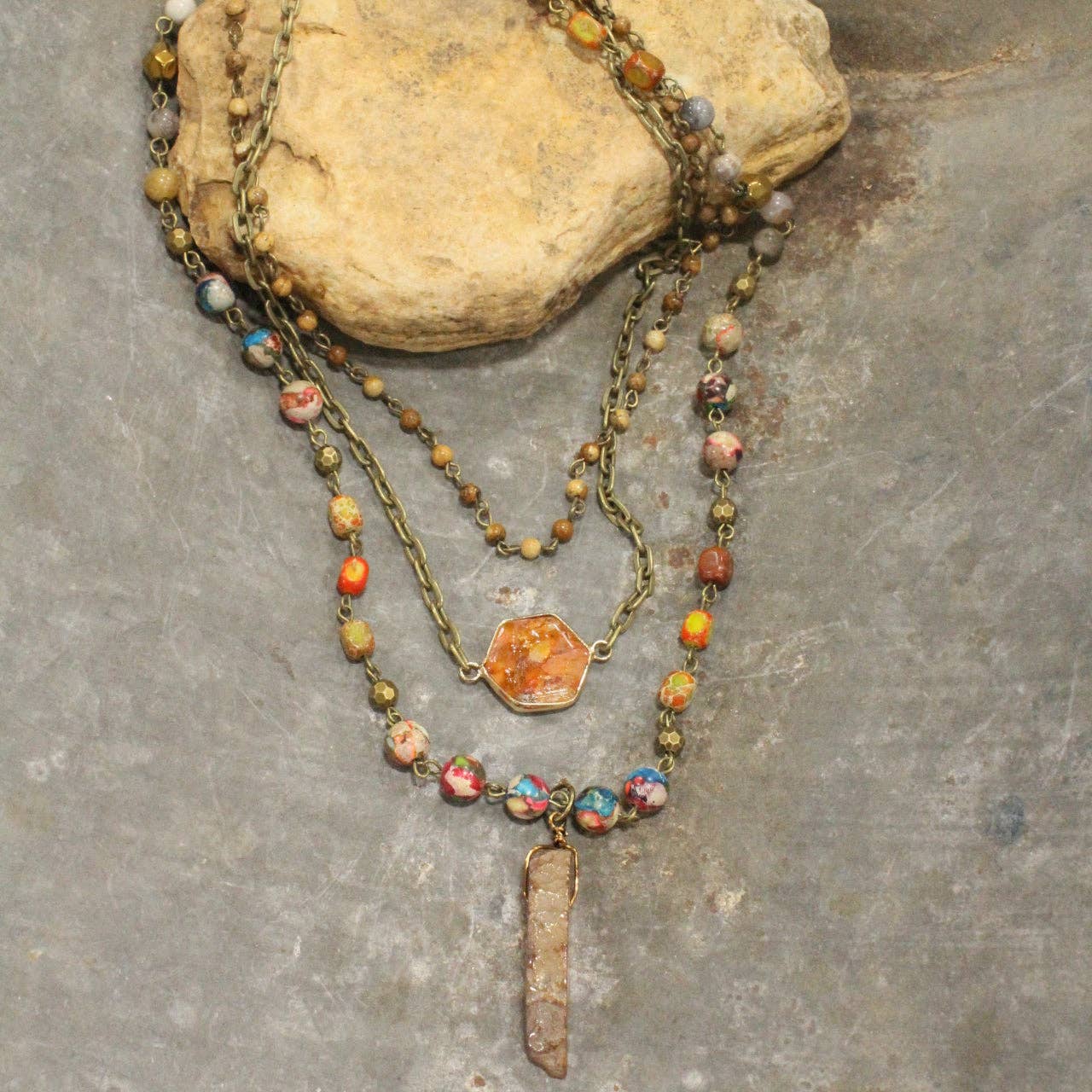 The Primitive Peddler, Inc. - Wholesale Pendant/Charm Necklace - Bohemian Layered Rusty Orange Stone & Crystal Necklace4