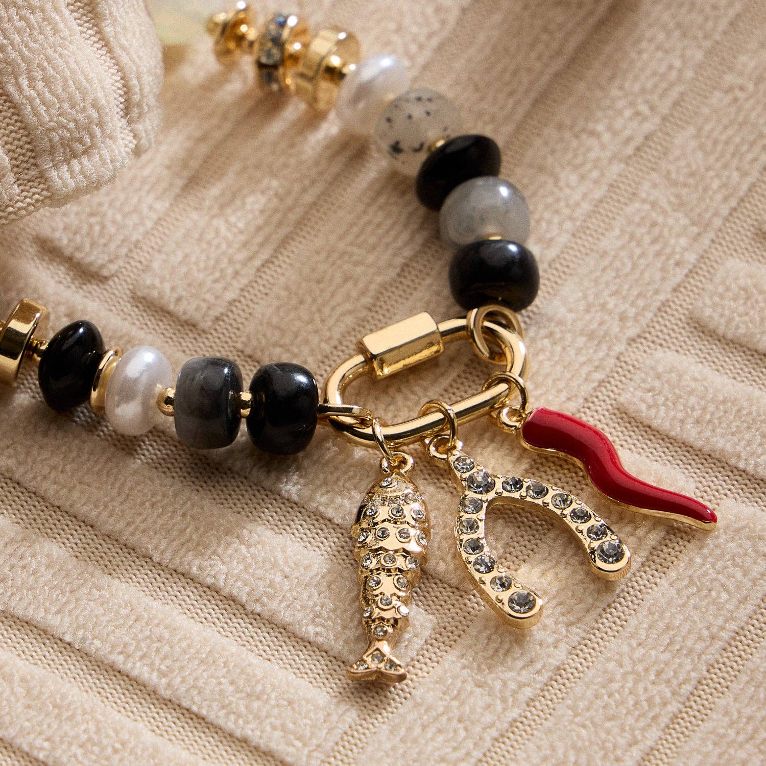 Frem - Wholesale Charm/Dangle Bracelet - Vibrant Beaded Bracelet with Gold-Tone Trio Charms6