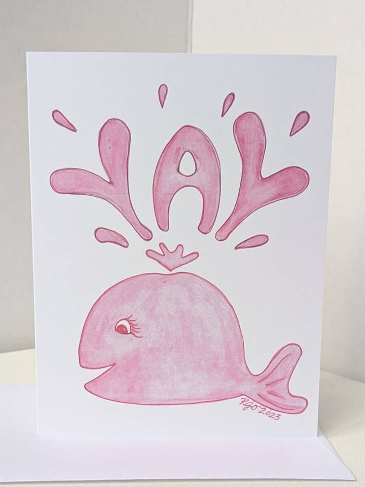 Yay Pink Whale Greeting Card for wholesale by Robynnotes, LLC