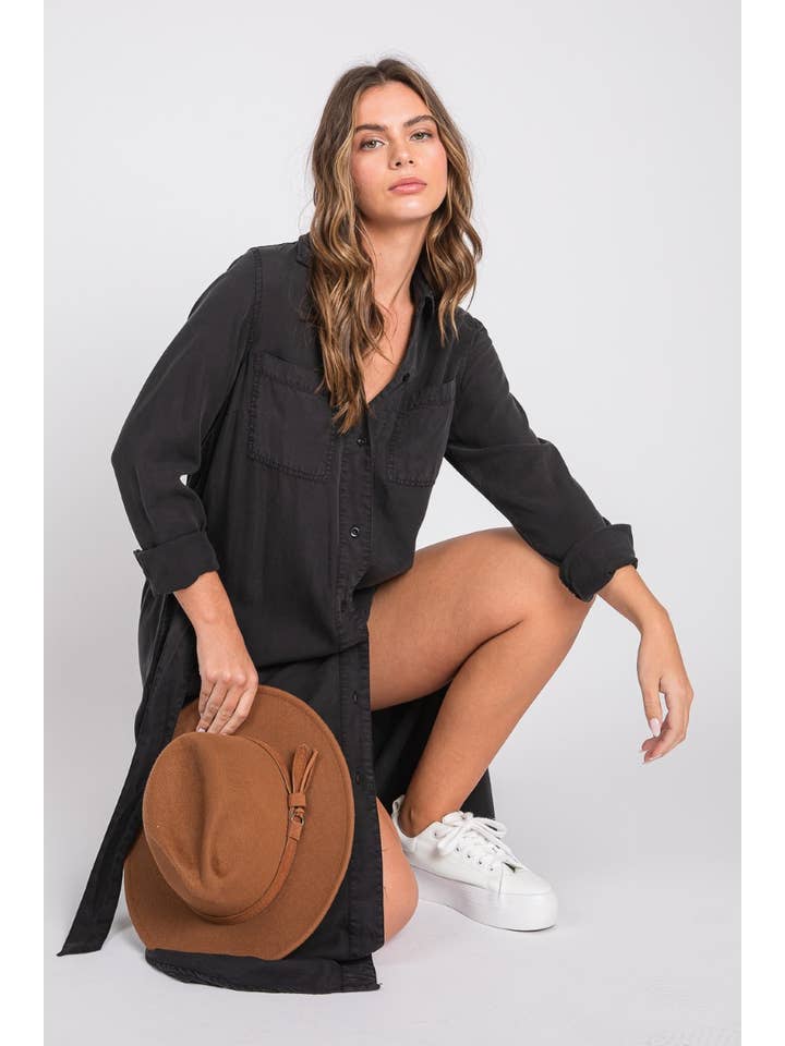 BLACK Denim Midi Shirt Dress-Black for wholesale on Faire