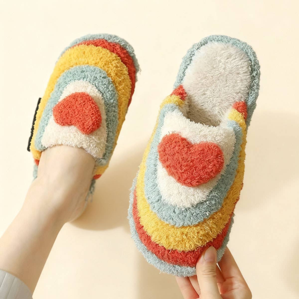Red CUTE RAINBOW HEART SLIPPERS_CWSHF00258 for wholesale on Faire1