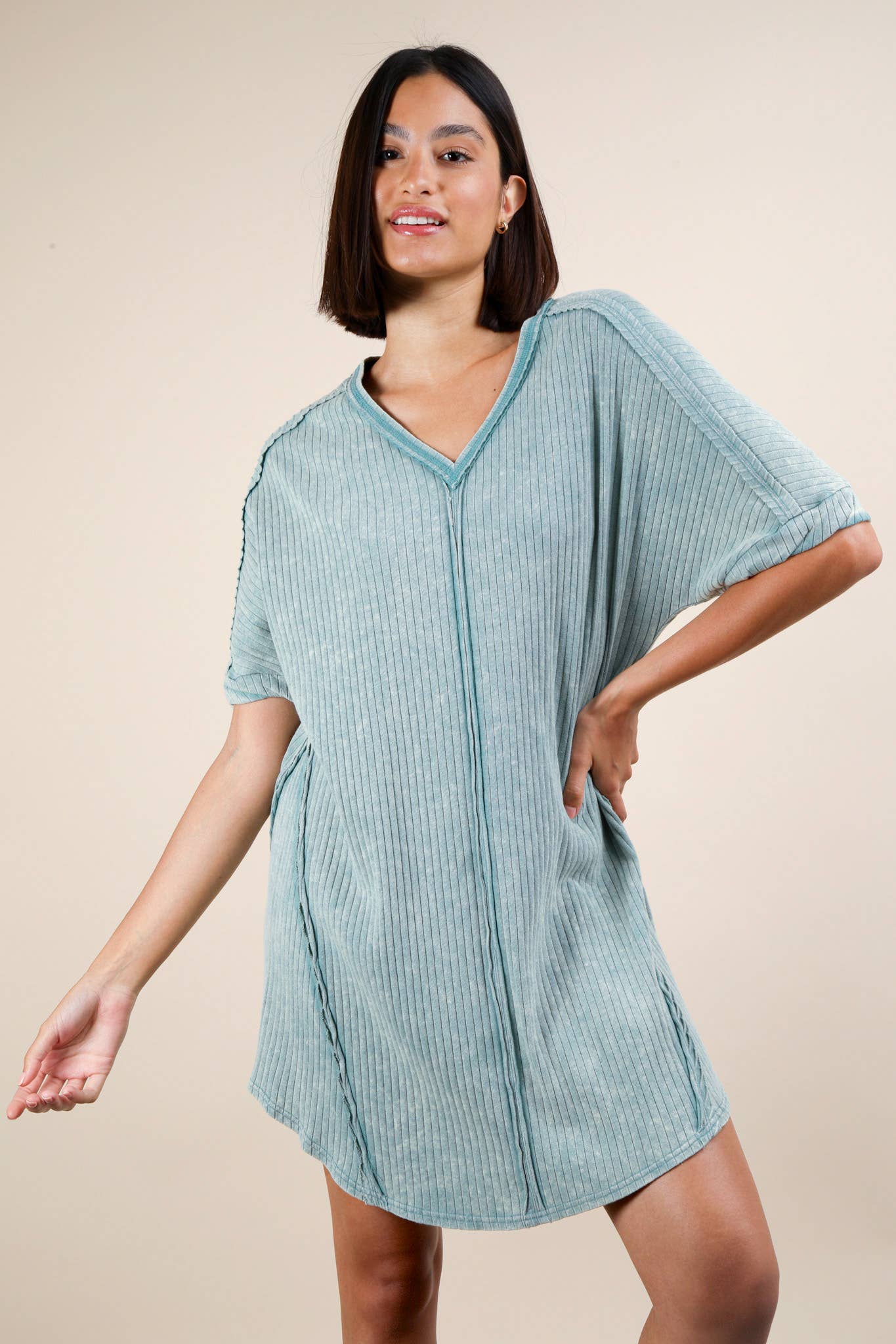 VERY J - Vente Robe – femme - Mini-robe droite en tricot côtelé délavé minéral ND3163611