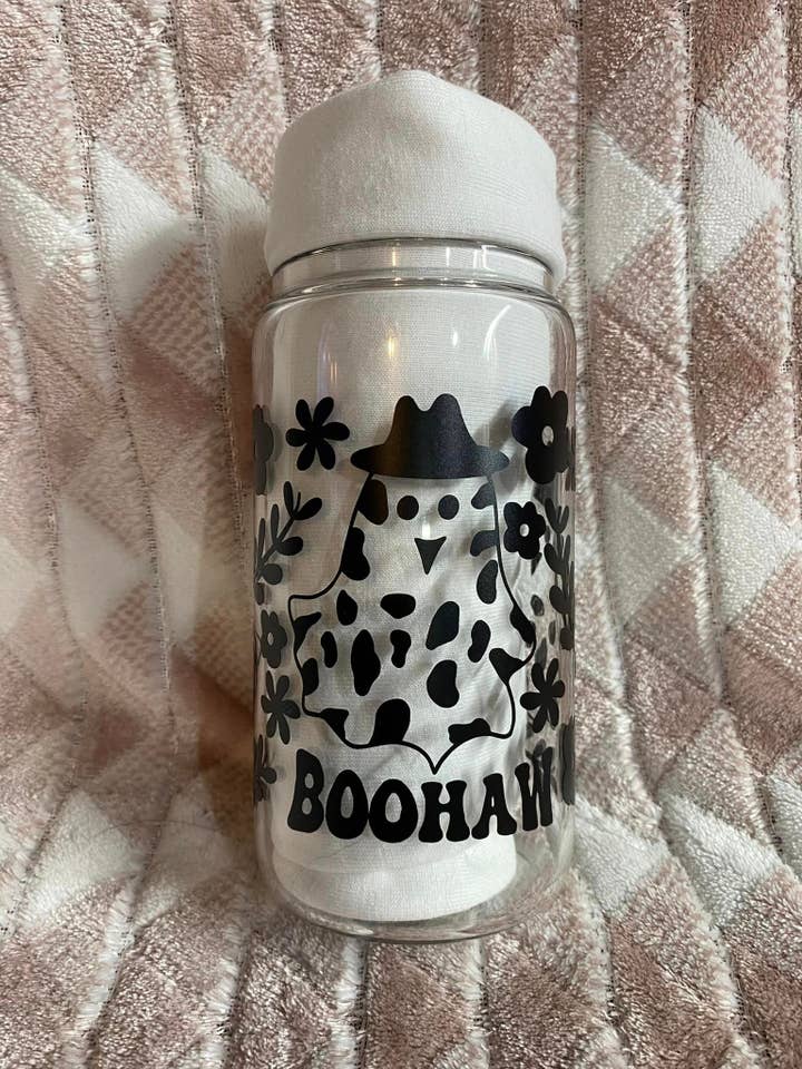 Boohaw halloween glass cup with lid and straw for wholesale by River Valley Boutique