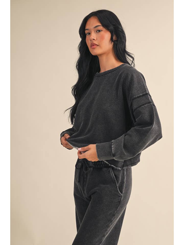 KIMBERLY C - Wholesale Athletic Top - Women's - Denim Wash Cutout Back Layering Fleece-Lined Sweatshirt16