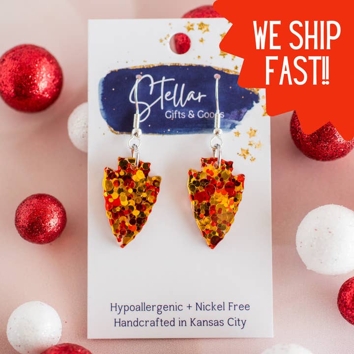 Stellar Gifts & Goods Wholesale - Wholesale Dangle Earrings - Petite Red & Gold Confetti Arrowhead Dangles KC Football