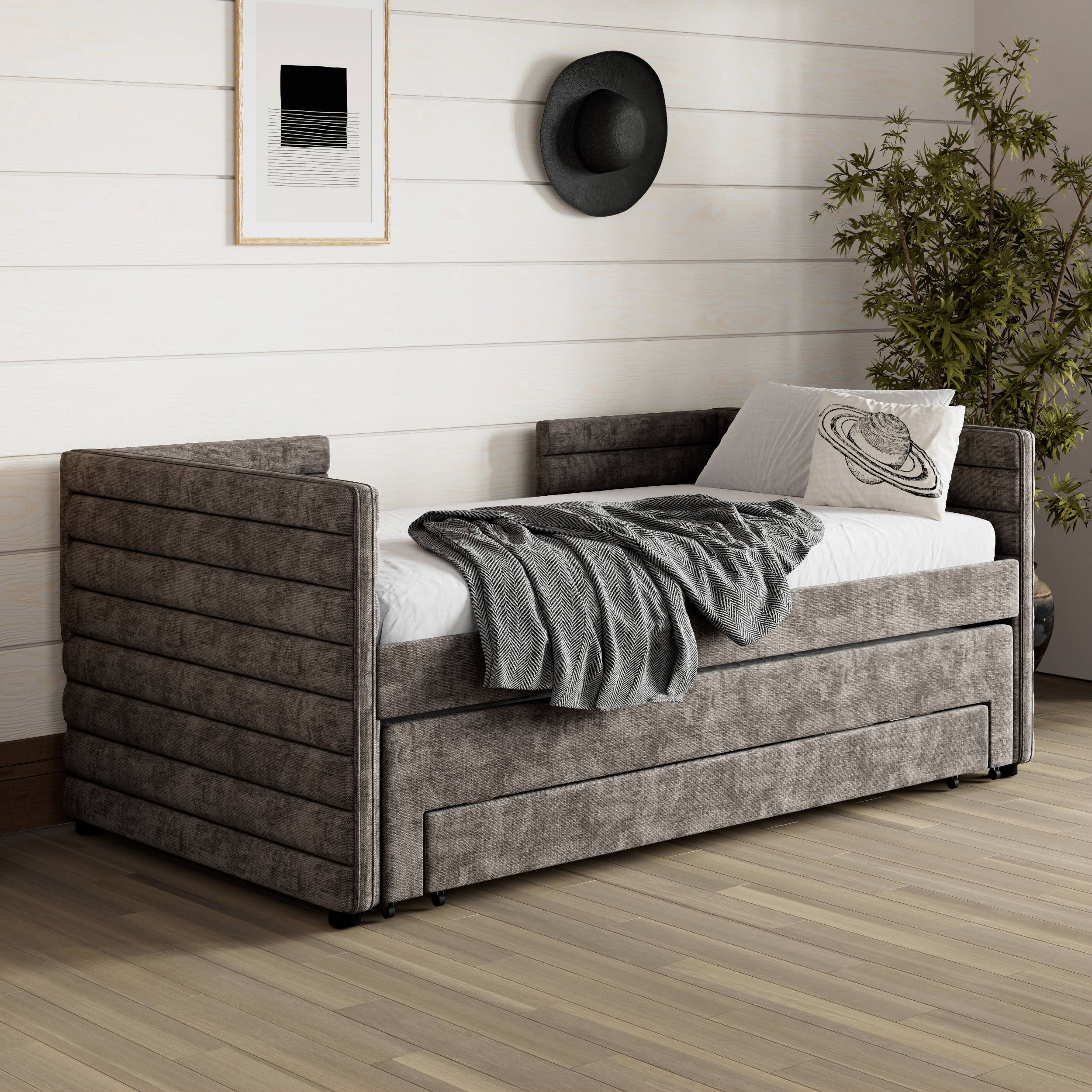 HOMYCASA DESIGN INC - Wholesale Bed - Twin Size Upholstered Daybed with Trundle &3 Storage Drawers0