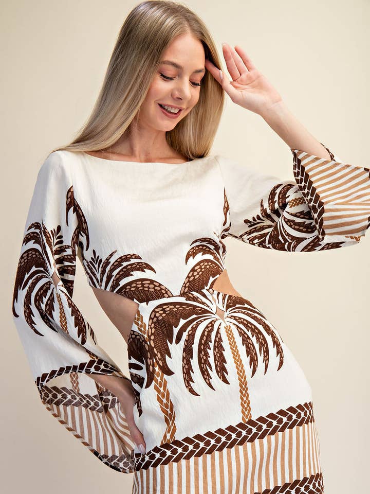 Mini-Kleid mit offenem Rücken, langen Ärmeln und Palmenprint - Braun für den Großhandel von Vestis M