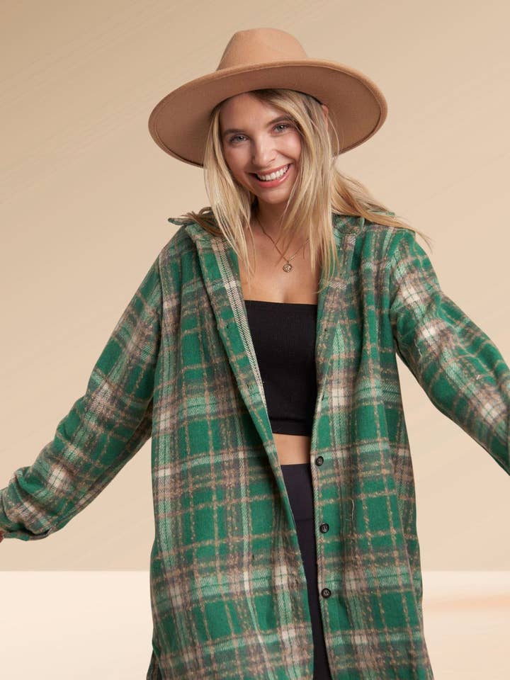 LEJ2587B - CHECK FLANNEL SHACKET for wholesale by Madelyn