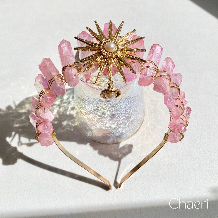 CHAERI - Wholesale Tiara – Women’s - MARI | Pink Crystal Quartz Crown with Sun Charm1