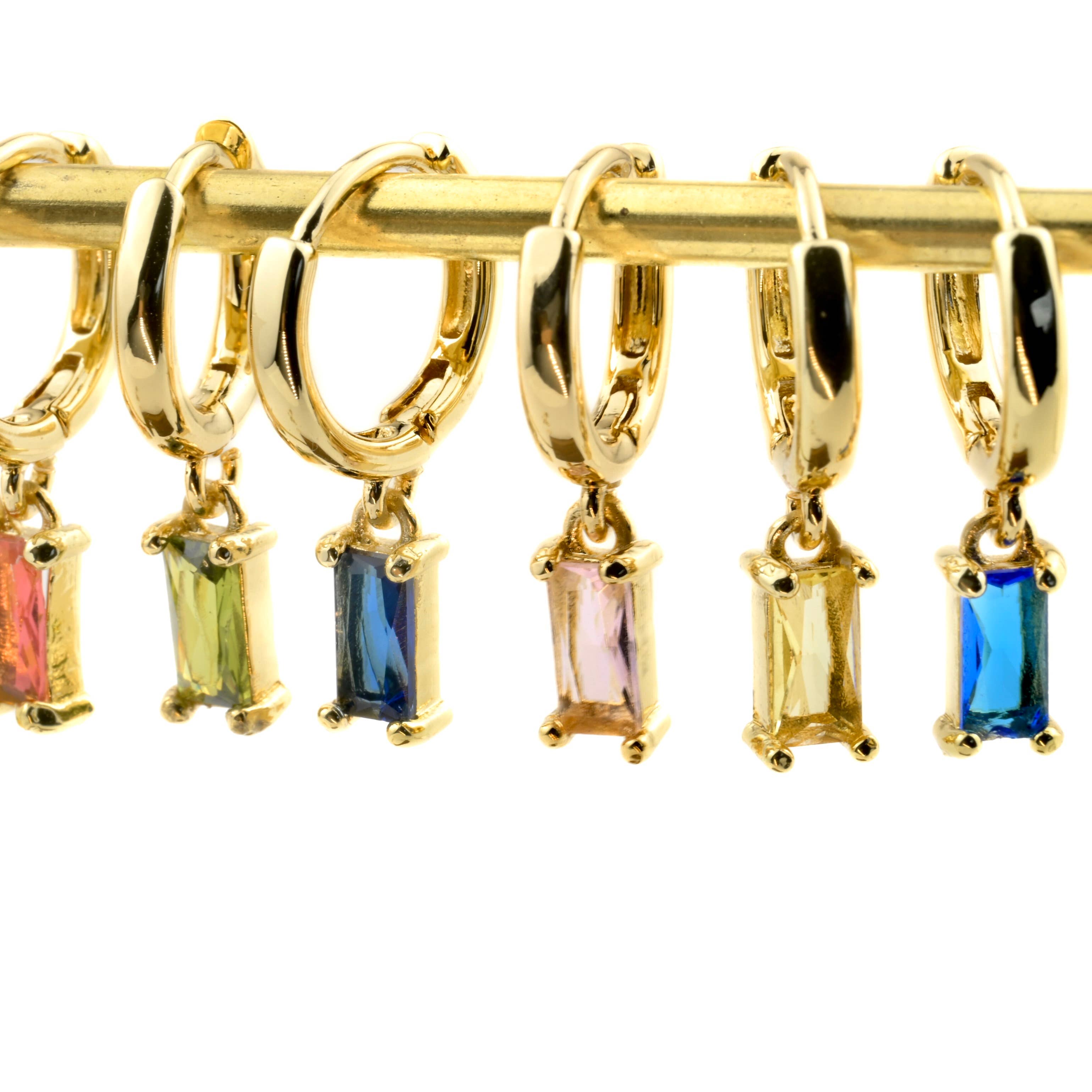 Blueyejewelry - Wholesale Huggie Earrings - Baguette Birthstone Hoops - Rectangle Stone Hoop Earrings0