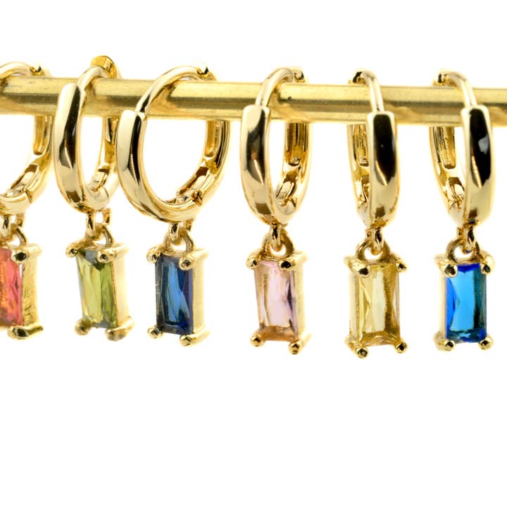 Blueyejewelry - Wholesale Huggie Earrings - Baguette Birthstone Hoops - Rectangle Stone Hoop Earrings