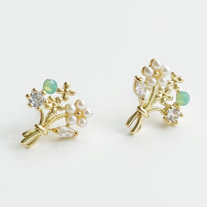 Gold Flower Banquet with Pearl and Green Crystal Earrings for wholesale by Ninaouity