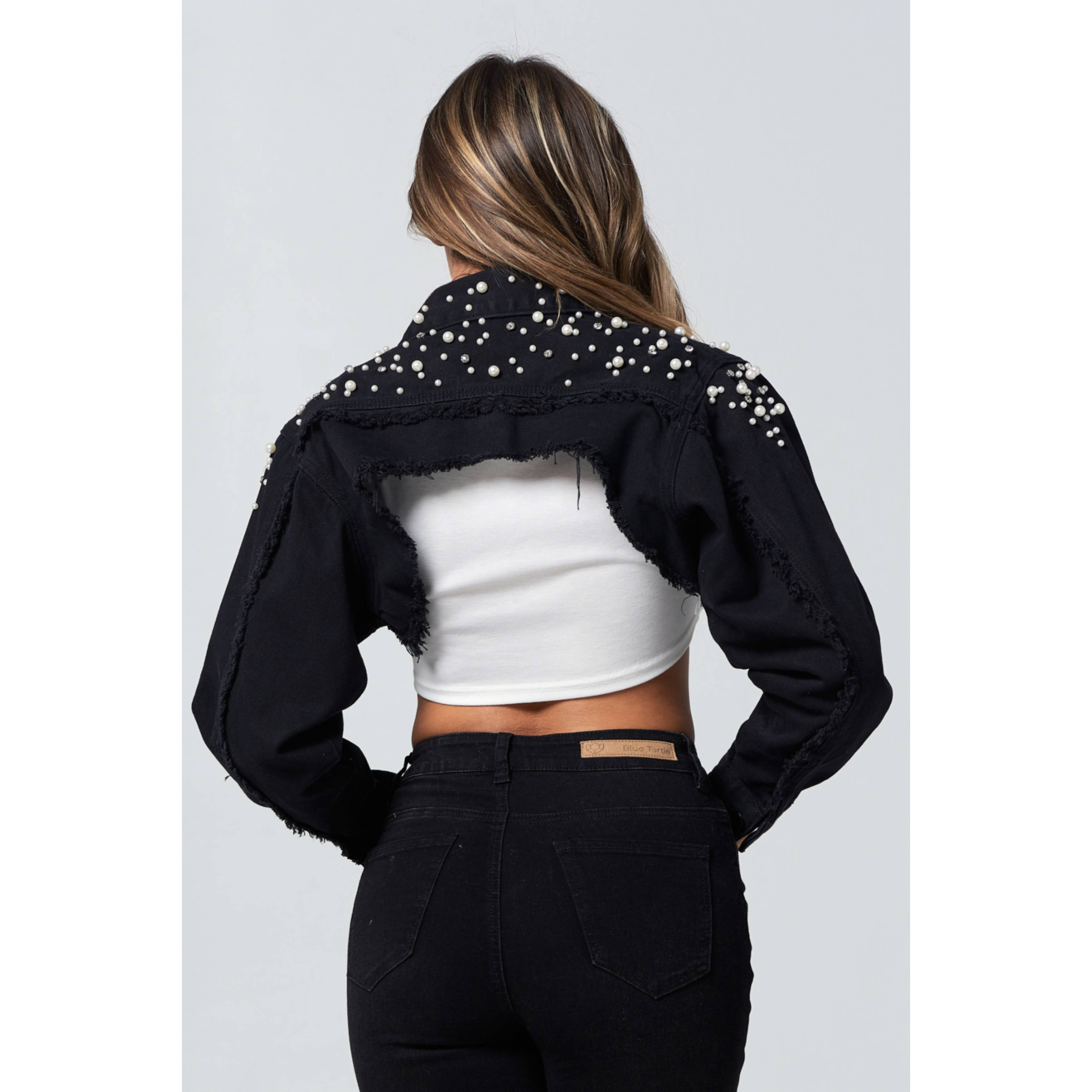 Blue Turtle - Wholesale Denim Jacket - Women's - Diamond Pearl and Rhinestone Super Crop Denim Jacket Light JK22079