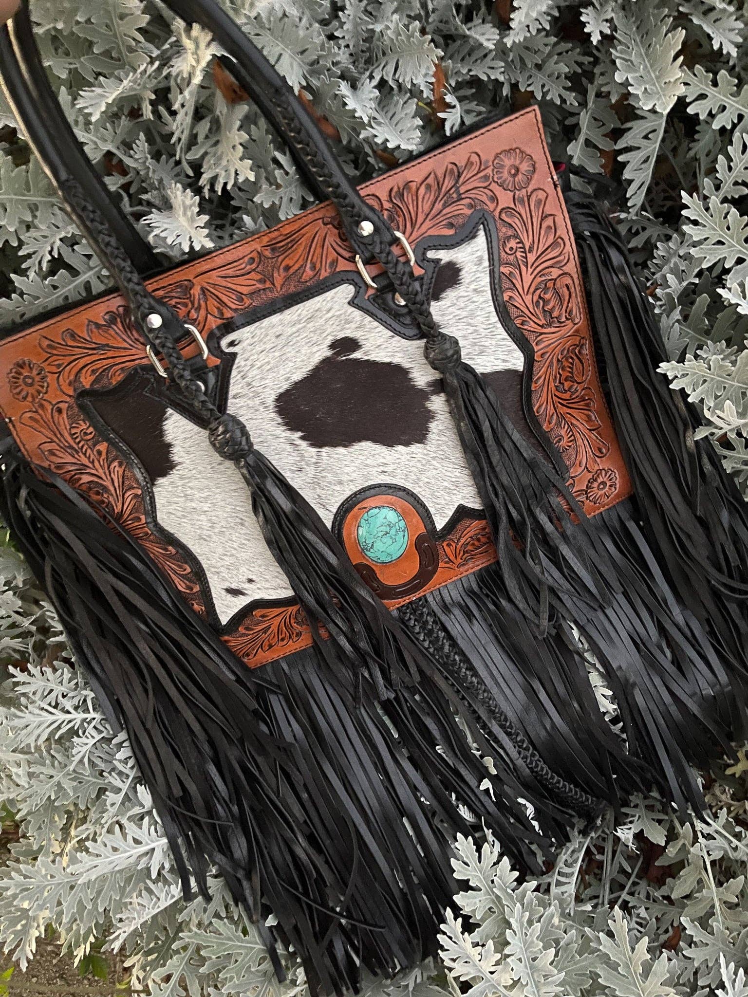 Haute Southern Hyde - Wholesale Tote Bag - Women's - The Nashville Tote (with Fringe) Tooled Cowhide Tote Bag2