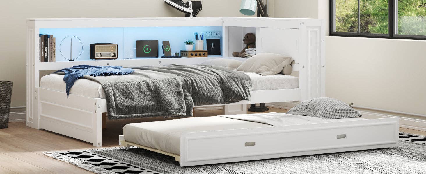 39F Inc. - Wholesale Bed - Full Size White Daybed with Storage Shelves USB and Trundle6