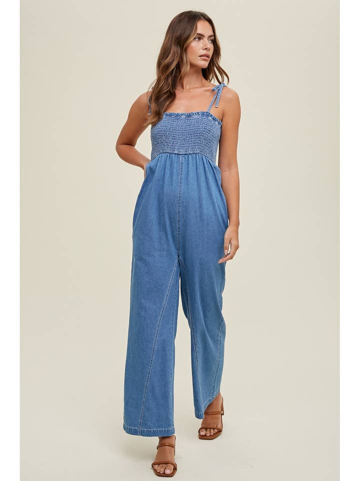 SMOCKED BUST DENIM JUMPSUIT / WL24-8602 for wholesale by Wishlist Apparel