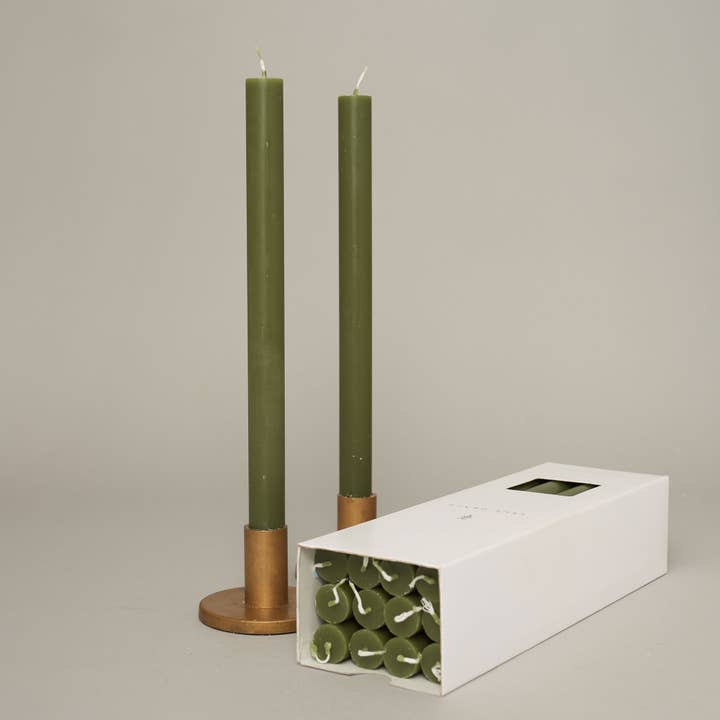 Sage Coloured Box of 12 Taper Candles - 12hr Burn for wholesale by True Grace