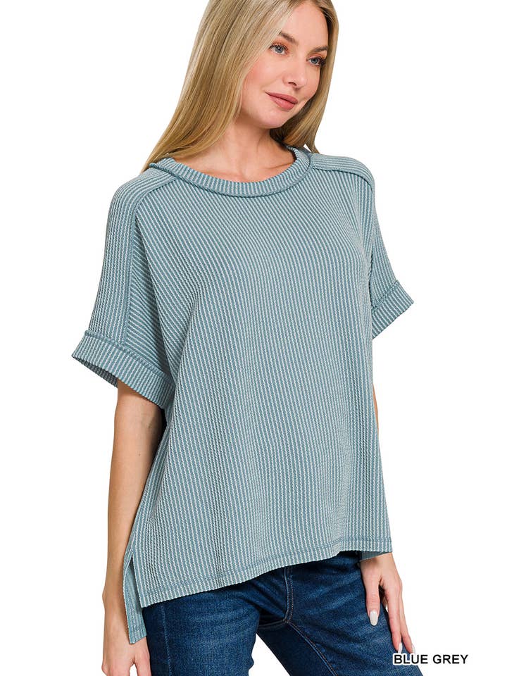 42POPS – wholesale Stickad topp - Dam – .Corded Rib Kortärmad Topp med Rå Kant16