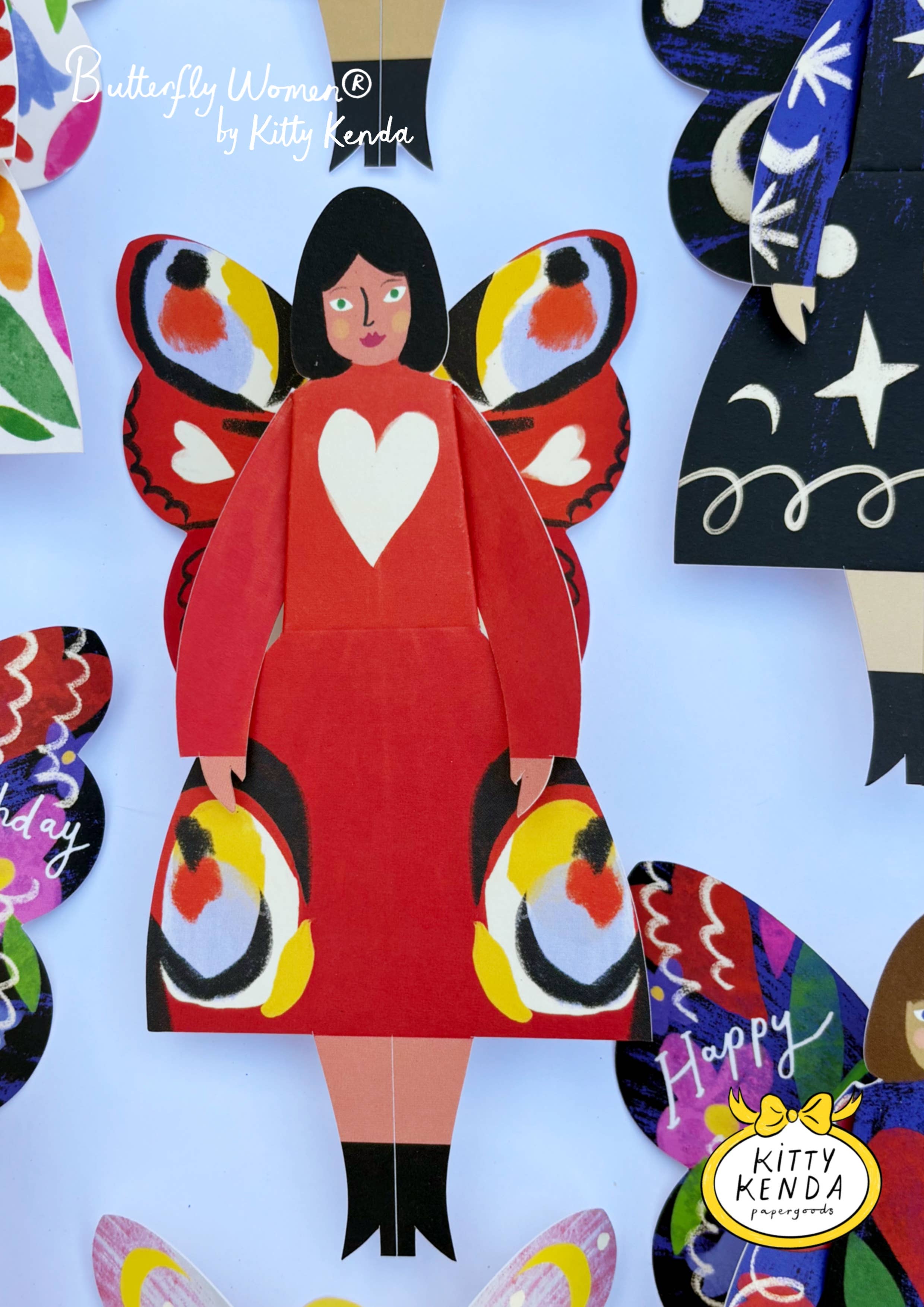 Kitty Kenda Papergoods – Engroshandel Hverdagshilsen kort – Butterfly Woman siddekort - påfugl4