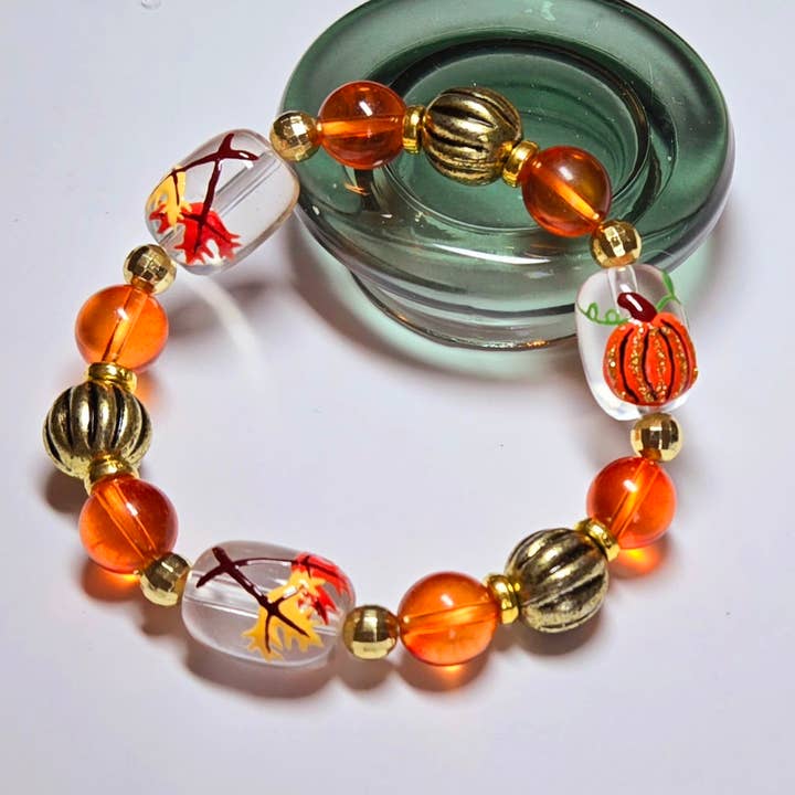 Autumn Fall Leaf Pumpkin Brown Glass Beaded Bracelet for wholesale by Fiona Accessories