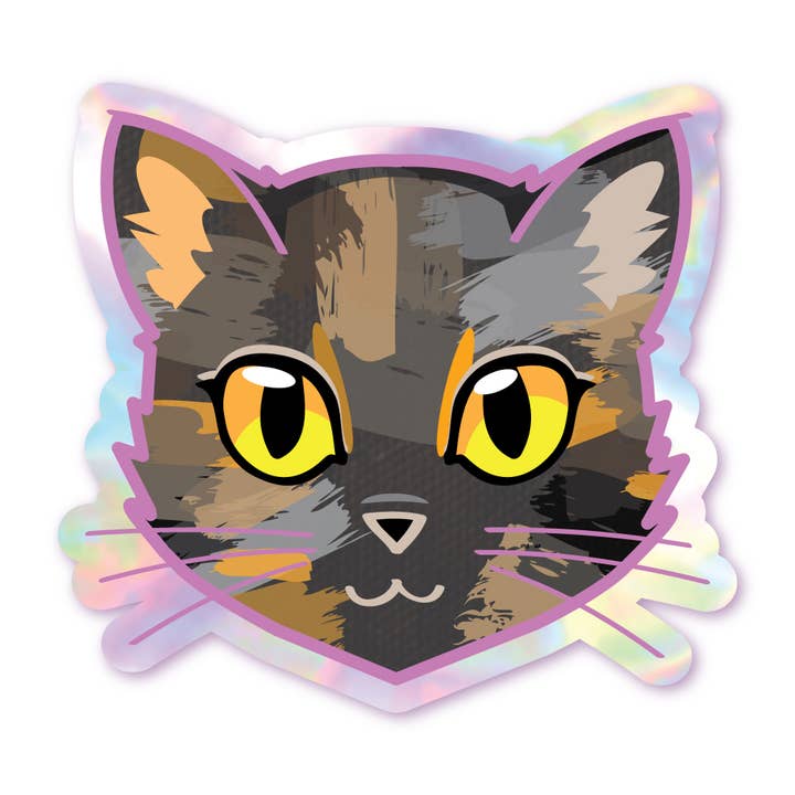 Tortie - Yellow Eyes - Holographic Cat Sticker for wholesale by Schlady