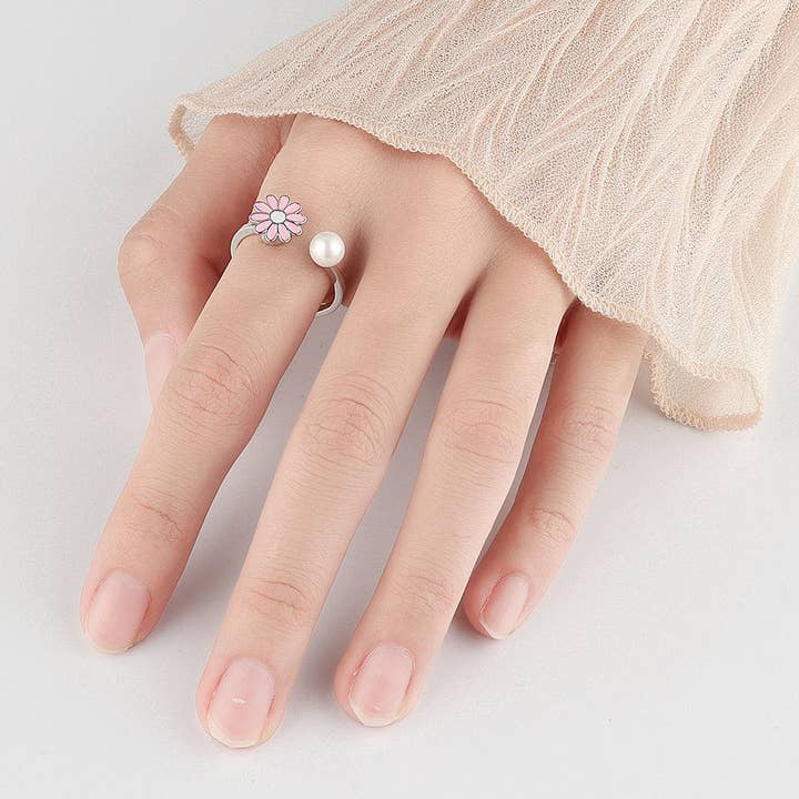 Perimade & Co. LLC – Großhandel Band/Stapelring – Daisy Pearl Anxiety Fidget Spinner-Ring aus massivem Kupfer6