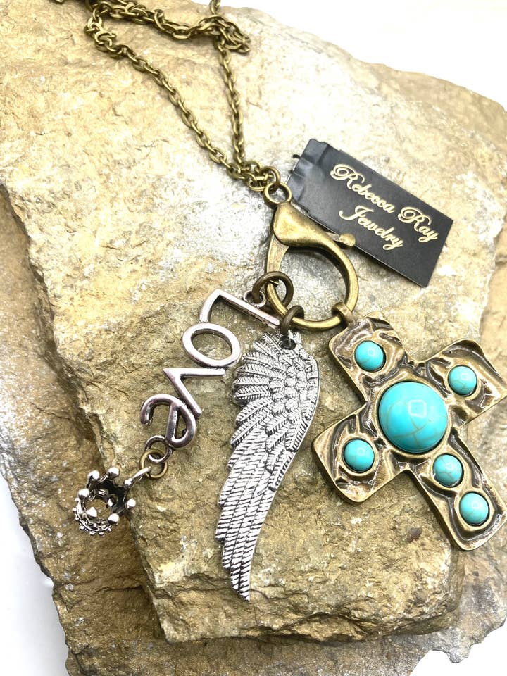 Antiqued Boho Love Charm Necklace for wholesale by Rebecca Ray Jewelry
