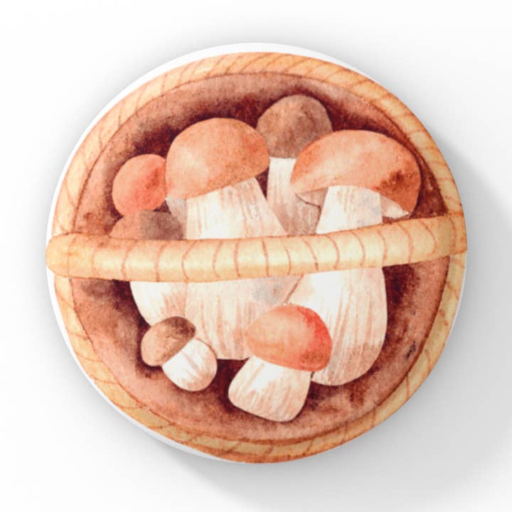 Mushroom Basket Pin Button, Mushroom Keychain, Magnet for wholesale by NatureCuts