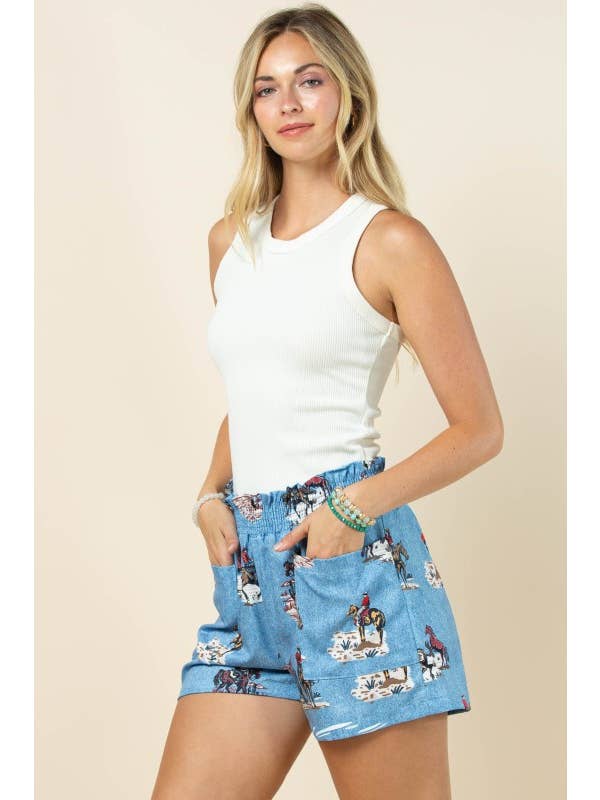 AP1312-MARA WESTERN DENIM PRINT SMOCK WAIST WOVEN SHORTS for wholesale on Faire8