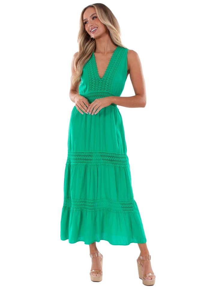 Tiered Crochet Cotton Resort Maxi Dress - Green for wholesale by Seaspice Resort Wear