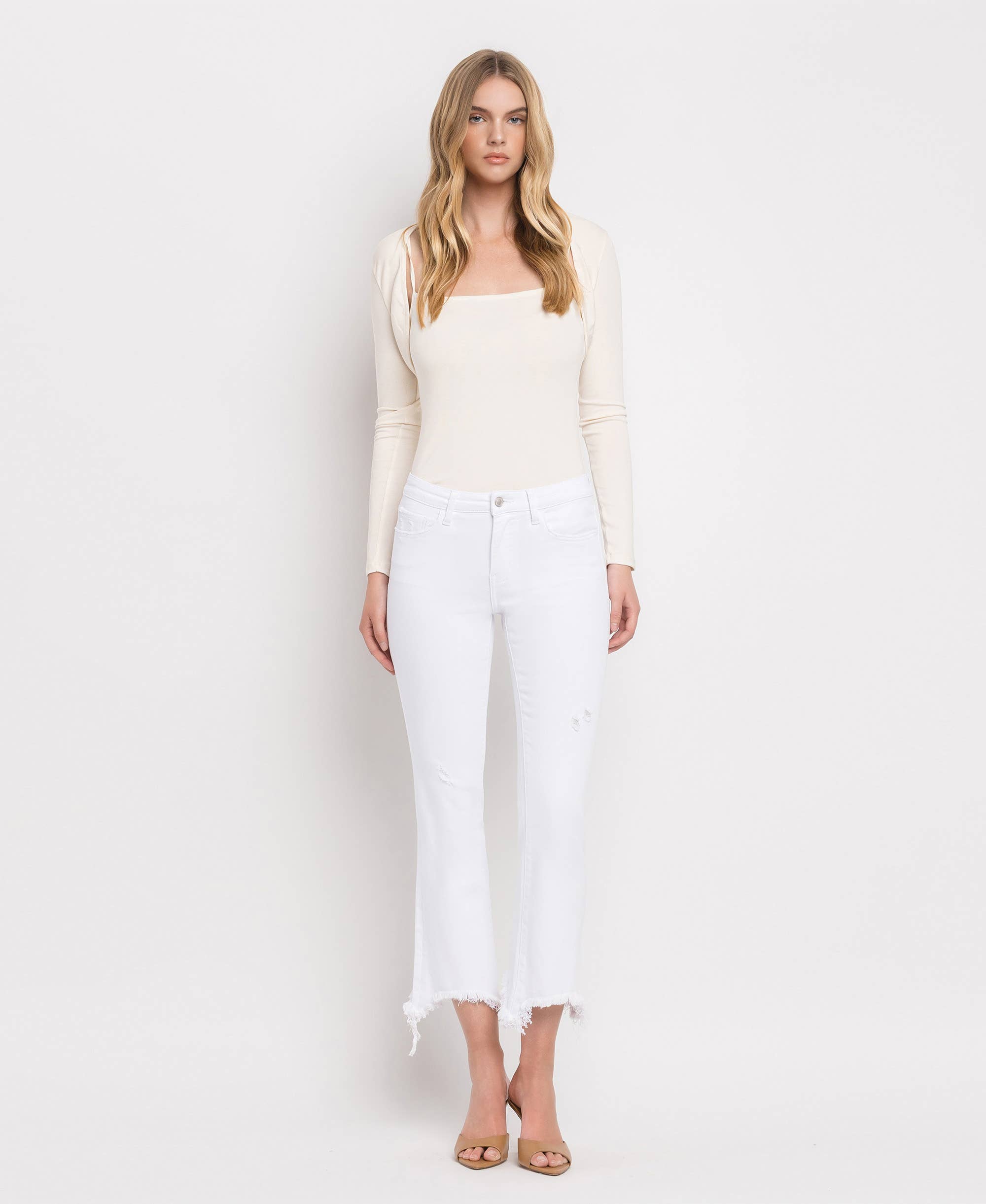 OPTIC WHITE MID RISE DISTRESSED HEM ANKLE BOOTCUT JEANS T6047WH for wholesale on Faire3