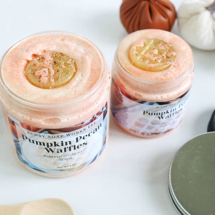 Pumpkin Pecan Waffles Whipped Sugar Scrub for wholesale by Sudsy Soap Works LLC