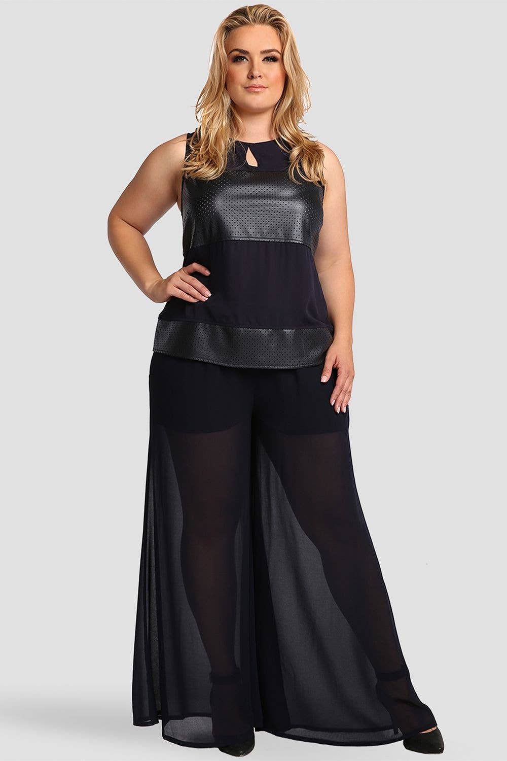 Standards & Practices - Wholesale Pants - Women's - Plus Size Modern Womens Navy Chiffon Elastic Palazzo Pants0