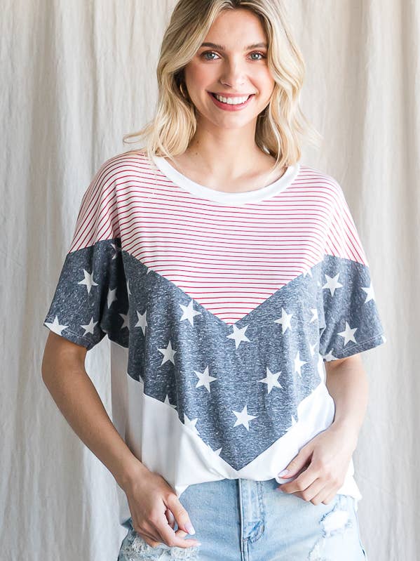 Star stripes Chevron Drop Shoulder Short Sleeve Top T4699 for wholesale by 7th Ray