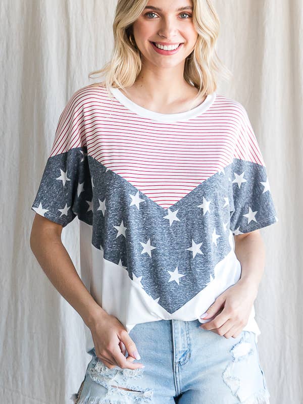 Star stripes Chevron Drop Shoulder Short Sleeve Top T4699 for wholesale by 7th Ray