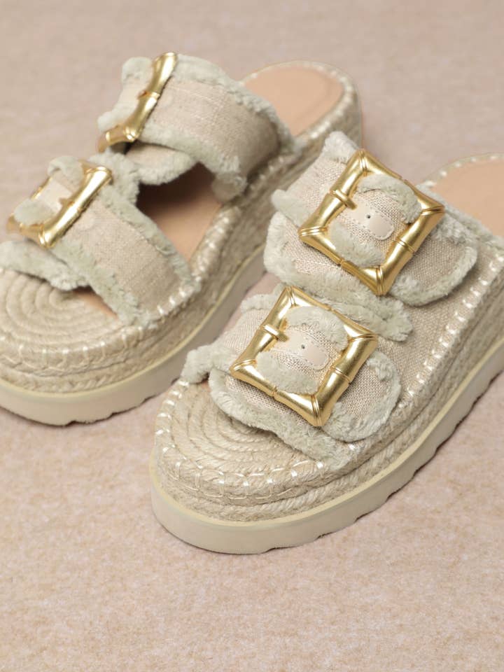 BEIGE SCARLETT DISTRESSED EDGE DOUBLE STRAP WEDGE SANDAL for wholesale on Faire