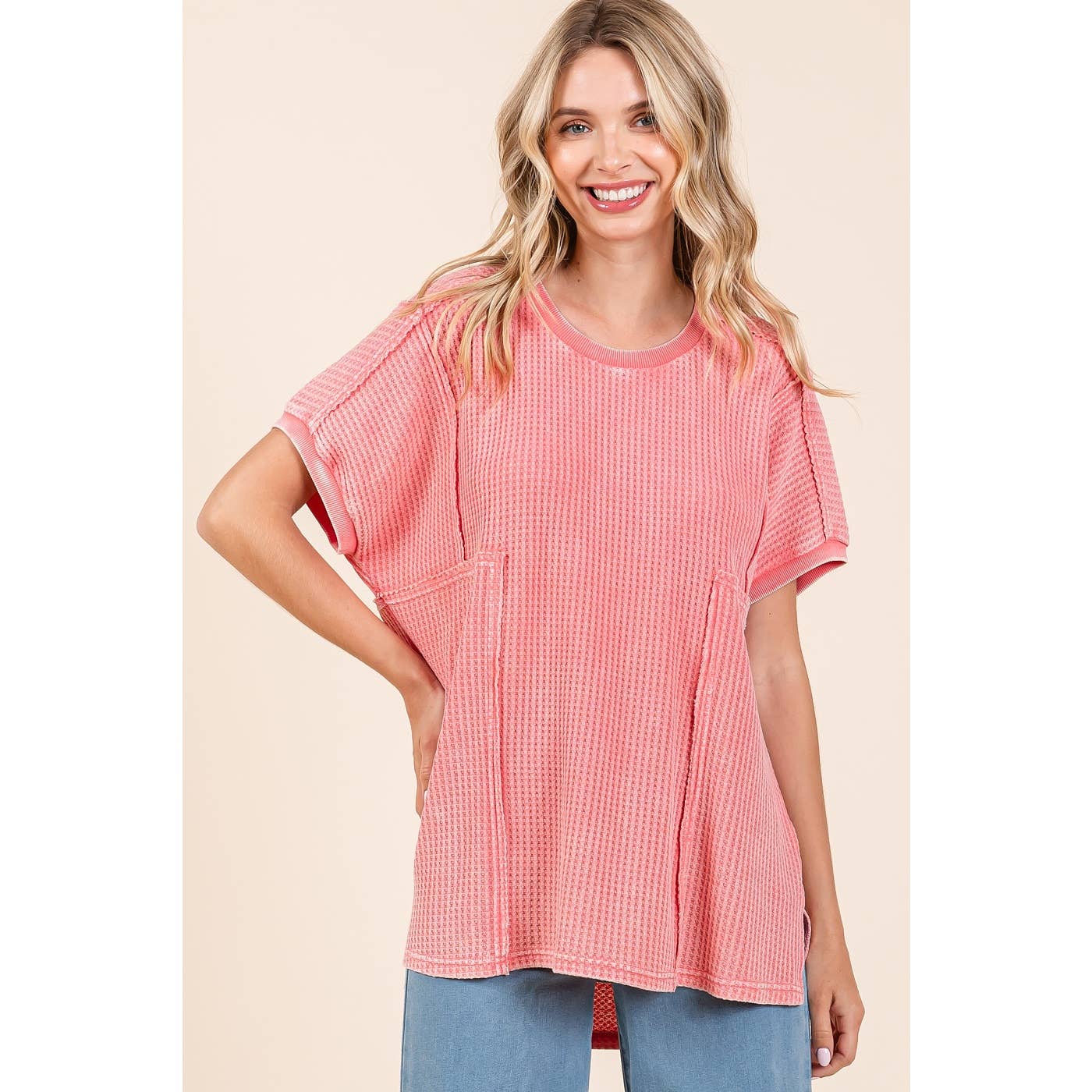 mittoshop - Wholesale Tunic - Women's - MINERAL WASH WAFFLE KNIT SEAM DETAIL TUNIC TOP0