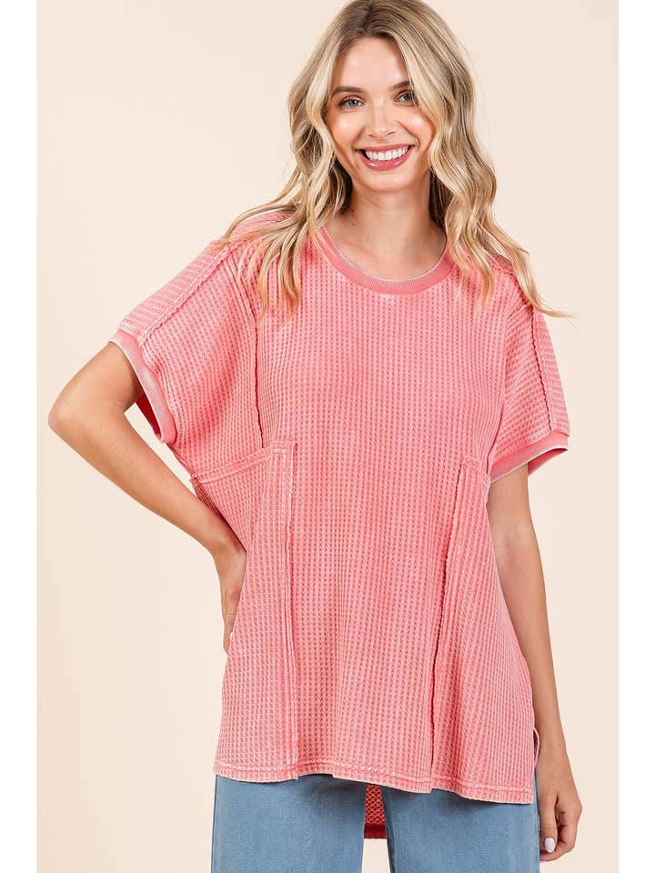 mittoshop - Wholesale Tunic - Women's - MINERAL WASH WAFFLE KNIT SEAM DETAIL TUNIC TOP
