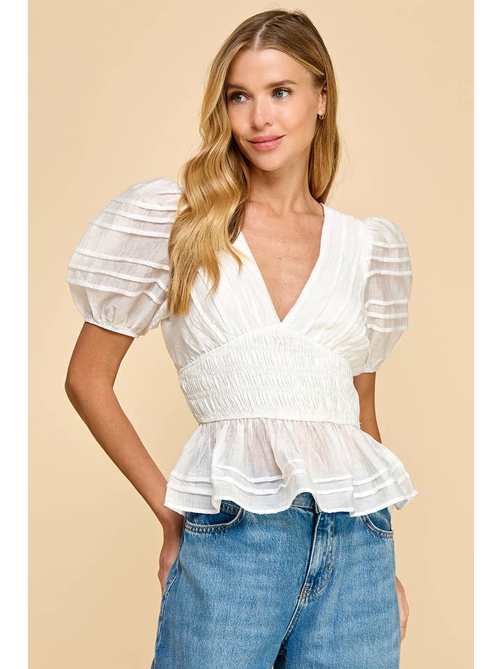 TCEC - Vente Chemisier – femme - CT8866 Haut à manches bouffantes à taille smockée8