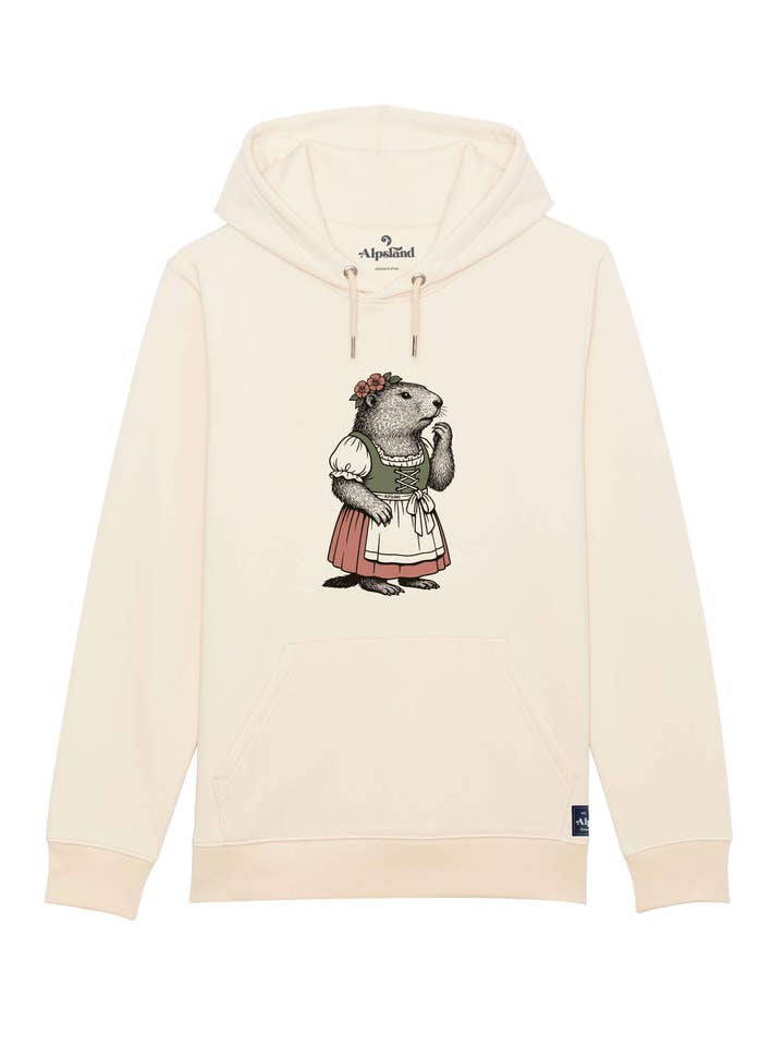 Marmotte des Alpes en dirndl – Sweat à capuche unisexe pour la vente par Alpsland