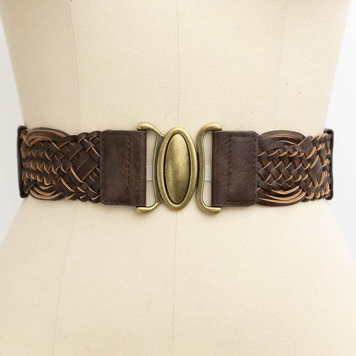 Leto Accessories - Wholesale Belt - Women's - Oval Buckle Braided Elastic Belt - Black, Brown & Camel 🤎
