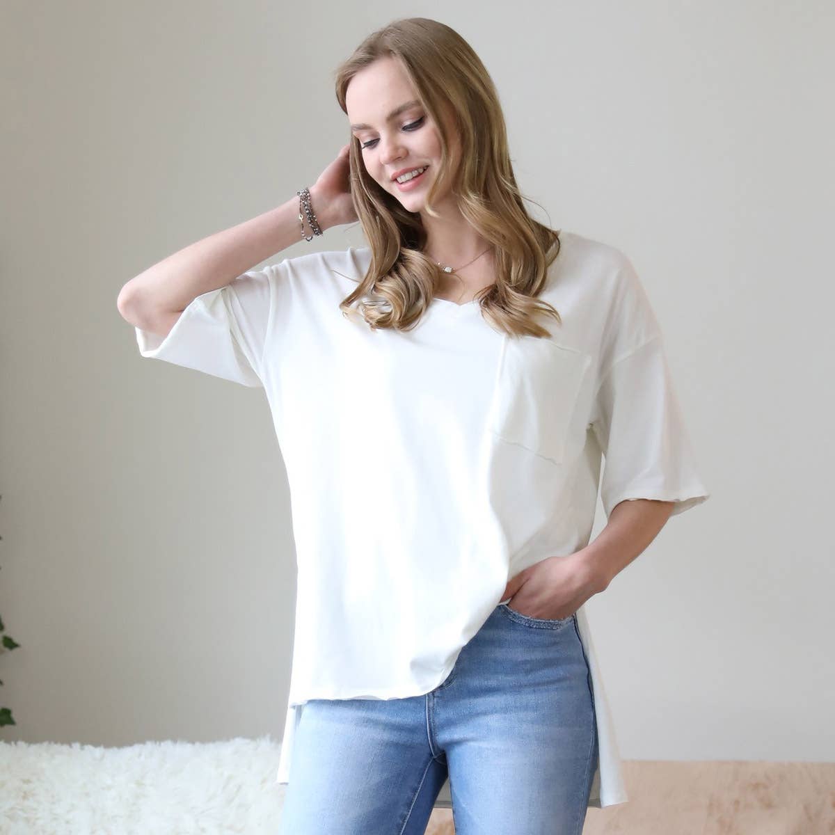 42POPS - Wholesale Tunic - Women's - `.Oversized Front pocket raw edge tee (As shown)11